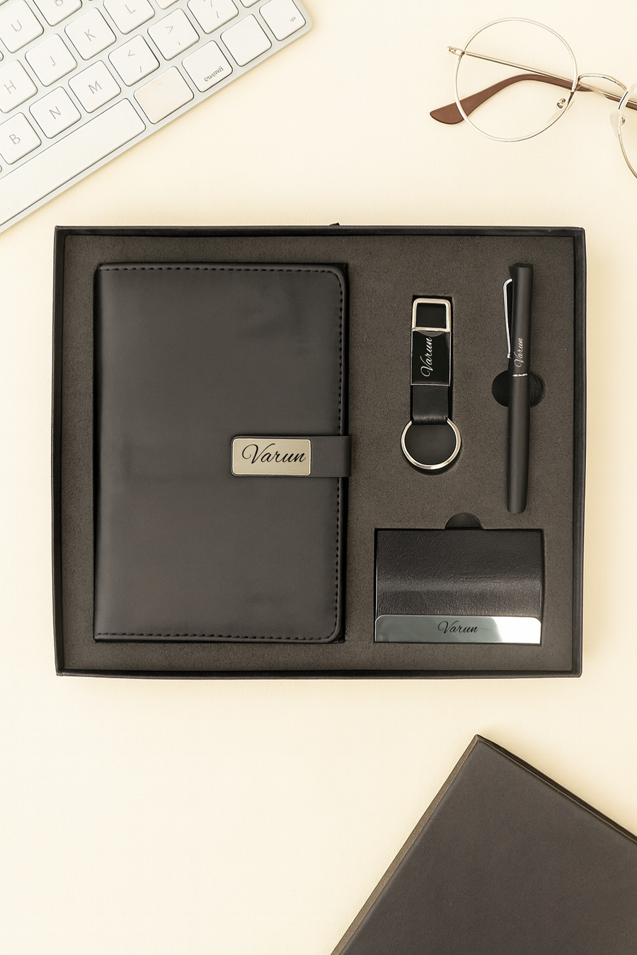 Classy  Metal Flip Diary + Classic Metal Pen + Classy Leather Metal Keychain +Classy Card Holder - BLACK