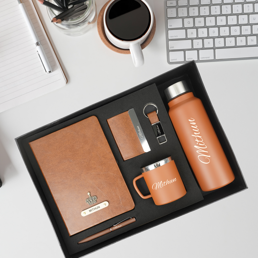Classy Hardcover Diary + Classic Metal Pen + Classy Leather Metal Keychain + Classy Card Holder + Classic Smart Bottle  + Stainless Steel Mug - TANN