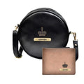Classy Leather Customized Chained Sling Bag Round + Men's Wallet - Black Tan