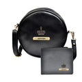 Classy Leather Customized Chained Sling Bag Round + Men's Wallet - Black Black
