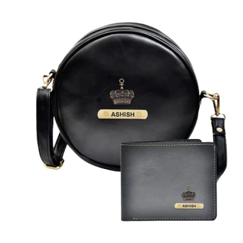 Classy Leather Customized Chained Sling Bag Round + Men's Wallet - Black Black