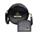 Classy Leather Customized Chained Sling Bag Round + Men's Wallet - Black Black