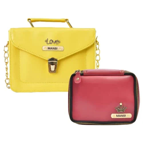 Customized Women's Buttoned Leather Bag + Mini Make up Kit - Yellow Wine