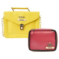 Customized Women's Buttoned Leather Bag + Mini Make up Kit - Yellow Wine