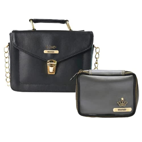 Customized Women's Buttoned Leather Bag + Mini Make up Kit - Black Grey