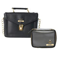 Customized Women's Buttoned Leather Bag + Mini Make up Kit - Black Grey
