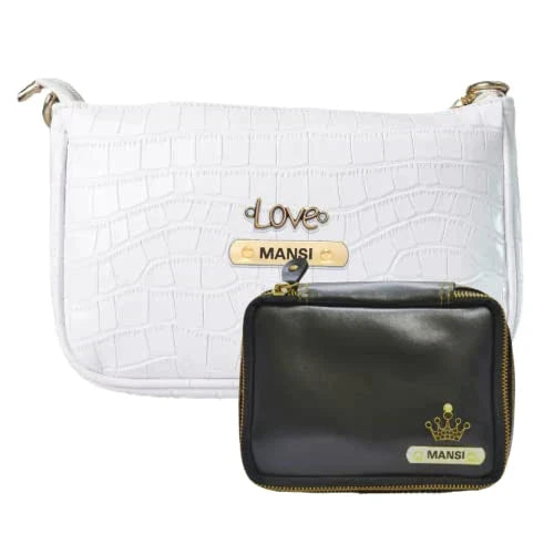 Customized Women's Croc Sling Bag + Mini Make up kit - White Black