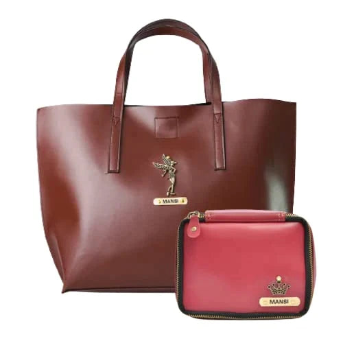 Customized Women's Tote Bag in Vogue (Product 1) + Mini Make up kit (Product 2) - Brown Wine