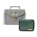 Customized Women's Buttoned Leather Bag + Mini Make up Kit - Grey Olive Green