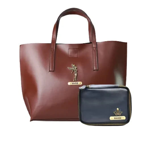 Customized Women's Tote Bag in Vogue (Product 1) + Mini Make up kit (Product 2) - Brown Royal Blue