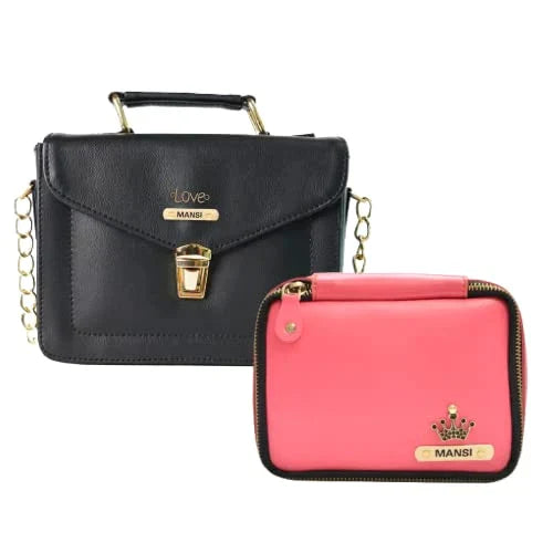 Customized Women's Buttoned Leather Bag + Mini Make up Kit - Black Pink