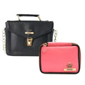 Customized Women's Buttoned Leather Bag + Mini Make up Kit - Black Pink