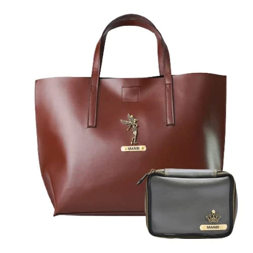 Customized Women's Tote Bag in Vogue (Product 1) + Mini Make up kit (Product 2) - Brown Grey