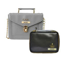Customized Women's Buttoned Leather Bag + Mini Make up Kit - Grey Black