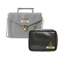 Customized Women's Buttoned Leather Bag + Mini Make up Kit - Grey Black