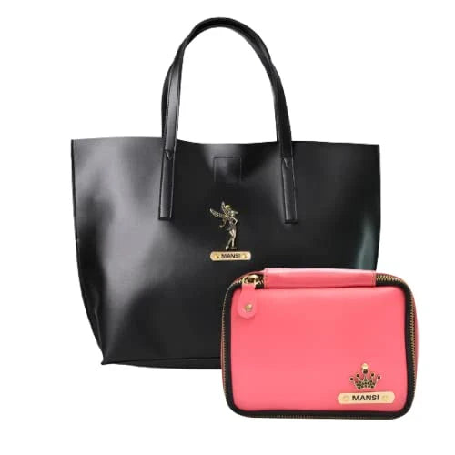 Customized Women's Tote Bag in Vogue (Product 1) + Mini Make up kit (Product 2) - Black Pink