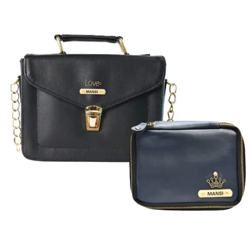 Customized Women's Buttoned Leather Bag + Mini Make up Kit - Black Royal Blue