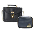 Customized Women's Buttoned Leather Bag + Mini Make up Kit - Black Royal Blue