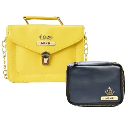 Customized Women's Buttoned Leather Bag + Mini Make up Kit - Yellow Royal Blue