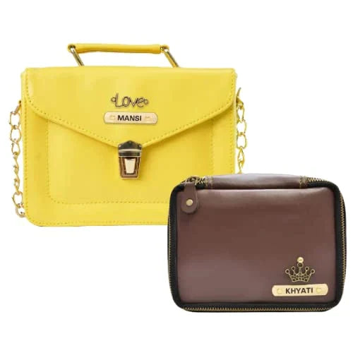 Customized Women's Buttoned Leather Bag + Mini Make up Kit - Yellow Brown