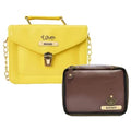 Customized Women's Buttoned Leather Bag + Mini Make up Kit - Yellow Brown