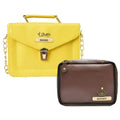 Customized Women's Buttoned Leather Bag + Mini Make up Kit - Yellow Brown