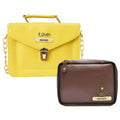 Customized Women's Buttoned Leather Bag + Mini Make up Kit - Yellow Brown