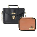 Customized Women's Buttoned Leather Bag + Mini Make up Kit - Black Tan
