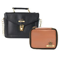 Customized Women's Buttoned Leather Bag + Mini Make up Kit - Black Tan