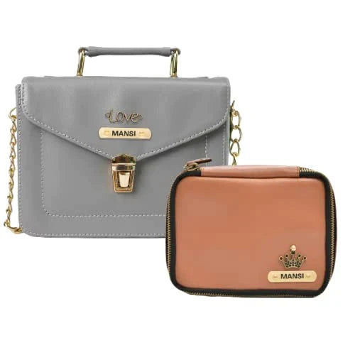 Customized Women's Buttoned Leather Bag + Mini Make up Kit - Grey Tan