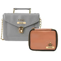 Customized Women's Buttoned Leather Bag + Mini Make up Kit - Grey Tan