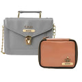Customized Women's Buttoned Leather Bag + Mini Make up Kit - Grey Tan