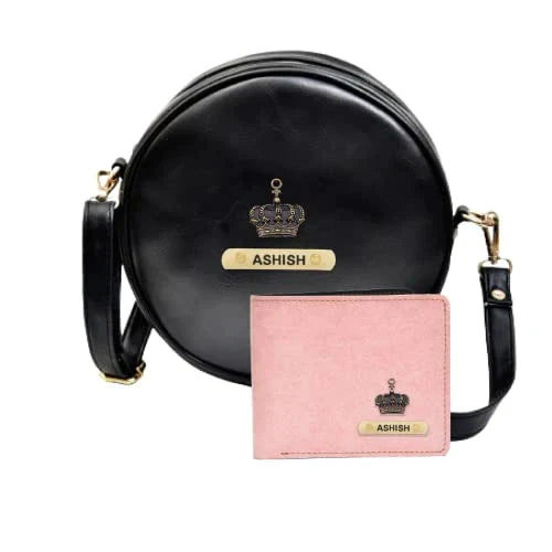 Classy Leather Customized Chained Sling Bag Round + Men's Wallet - Black Light Pink
