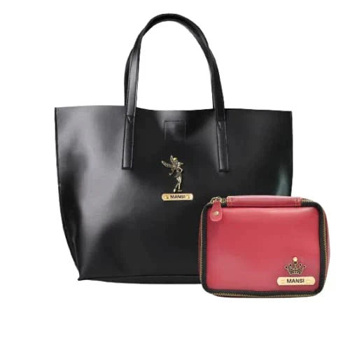 Customized Women's Tote Bag in Vogue (Product 1) + Mini Make up kit (Product 2) - Black Wine