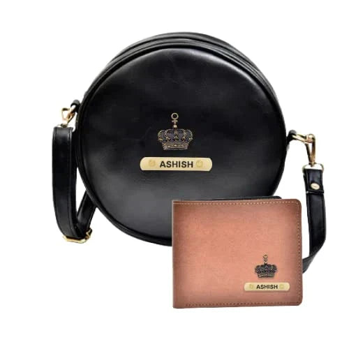 Classy Leather Customized Chained Sling Bag Round + Men's Wallet - Black Brown