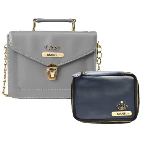 Customized Women's Buttoned Leather Bag + Mini Make up Kit - Grey Royal Blue