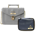 Customized Women's Buttoned Leather Bag + Mini Make up Kit - Grey Royal Blue