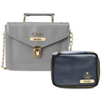Customized Women's Buttoned Leather Bag + Mini Make up Kit - Grey Royal Blue