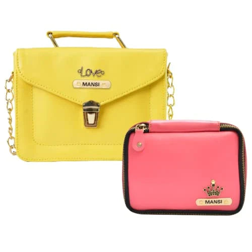 Customized Women's Buttoned Leather Bag + Mini Make up Kit - Yellow Pink