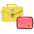 Customized Women's Buttoned Leather Bag + Mini Make up Kit - Yellow Pink
