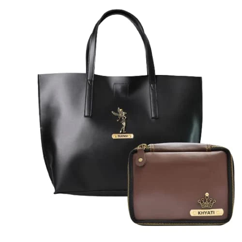 Customized Women's Tote Bag in Vogue (Product 1) + Mini Make up kit (Product 2) - Black Brown
