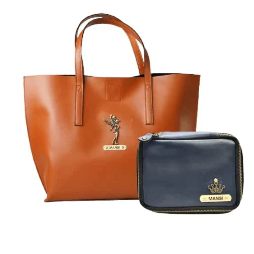 Customized Women's Tote Bag in Vogue (Product 1) + Mini Make up kit (Product 2) - Tan Royal Blue
