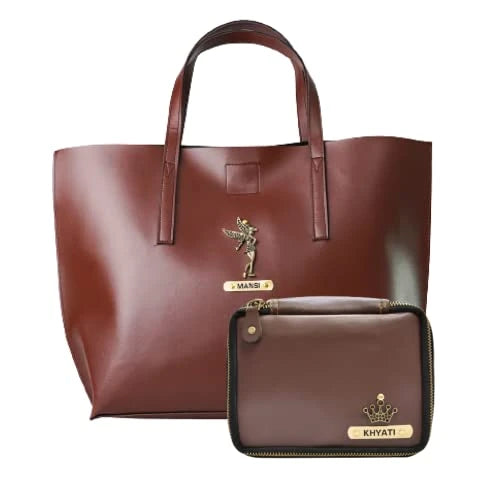 Customized Women's Tote Bag in Vogue (Product 1) + Mini Make up kit (Product 2) - Brown Brown