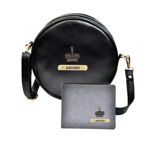 Classy Leather Customized Chained Sling Bag Round + Men's Wallet - Black Grey
