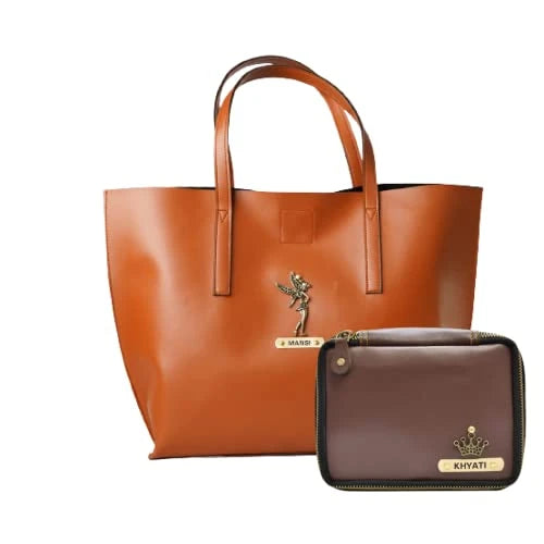 Customized Women's Tote Bag in Vogue (Product 1) + Mini Make up kit (Product 2) - Tan Brown