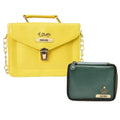 Customized Women's Buttoned Leather Bag + Mini Make up Kit - Yellow Olive Green
