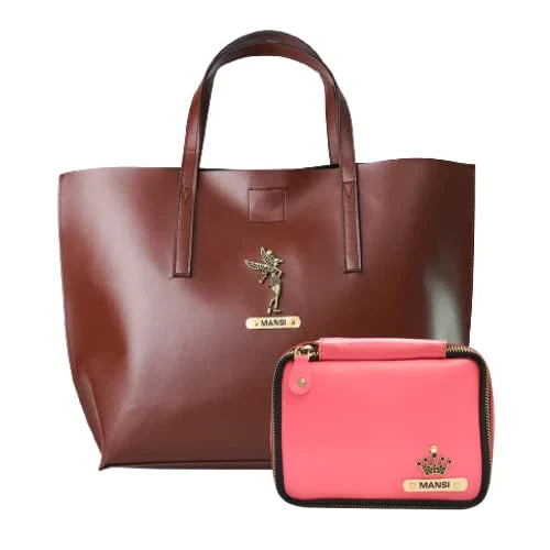 Customized Women's Tote Bag in Vogue (Product 1) + Mini Make up kit (Product 2) - Brown Pink