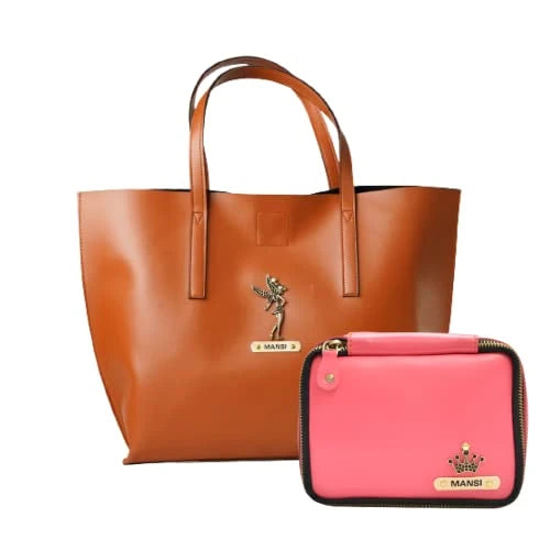 Customized Women's Tote Bag in Vogue (Product 1) + Mini Make up kit (Product 2) - Tan Pink