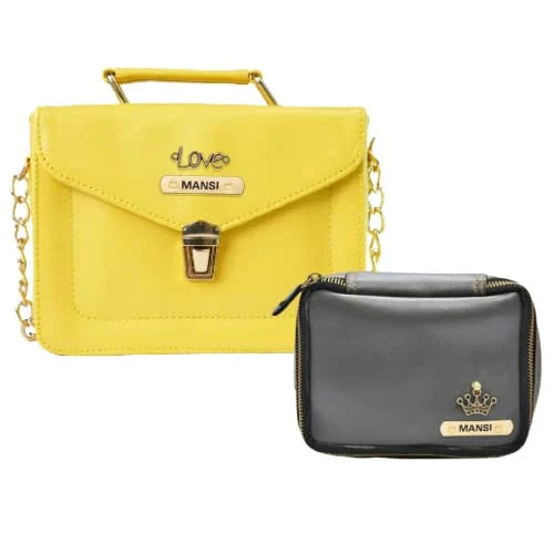 Customized Women's Buttoned Leather Bag + Mini Make up Kit - Yellow Grey