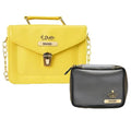 Customized Women's Buttoned Leather Bag + Mini Make up Kit - Yellow Grey
